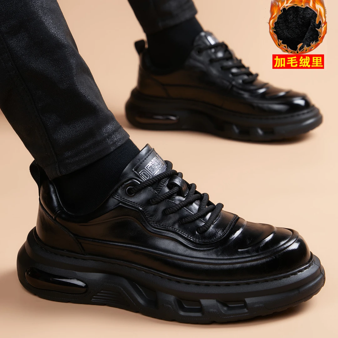 秋冬加绒休闲皮鞋男款真皮头层牛皮运动风保暖厚底增高轻质男鞋子