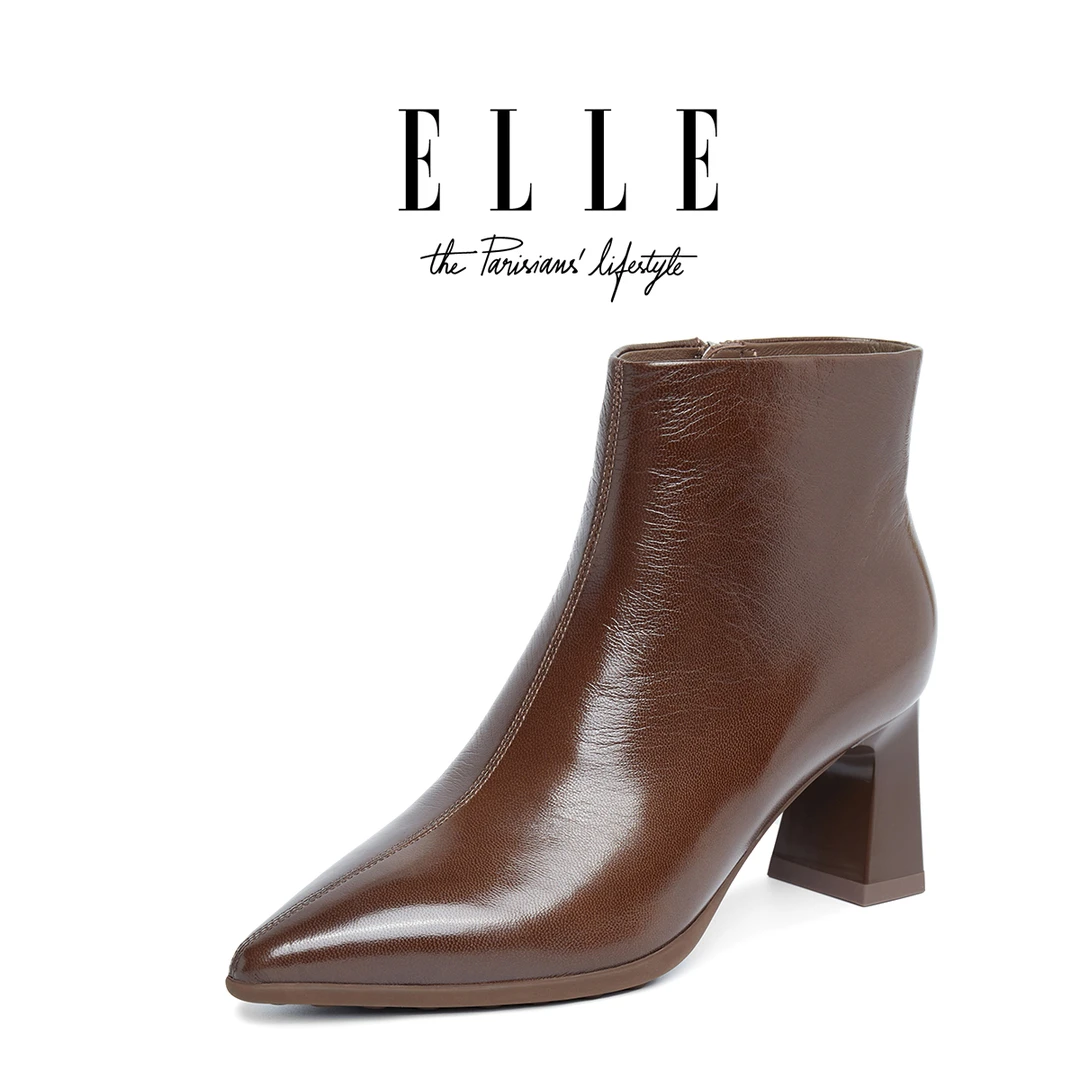 ELLE真皮高跟鞋女2025新款尖头粗跟侧拉链短靴英伦风复古切尔西靴