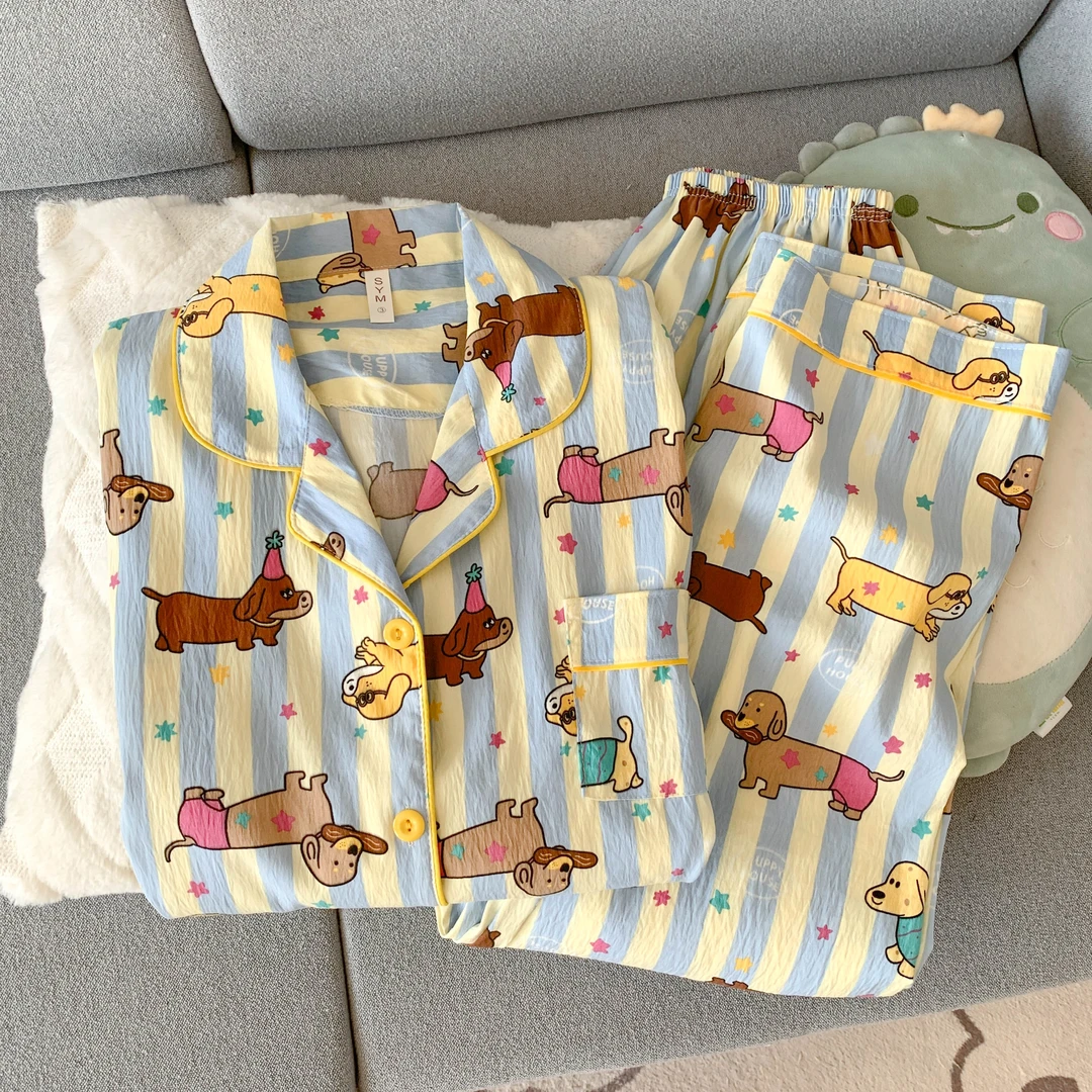 【新款长袖云朵棉】大码睡衣女条纹眼镜狗长袖两件套卡通宽松家居服