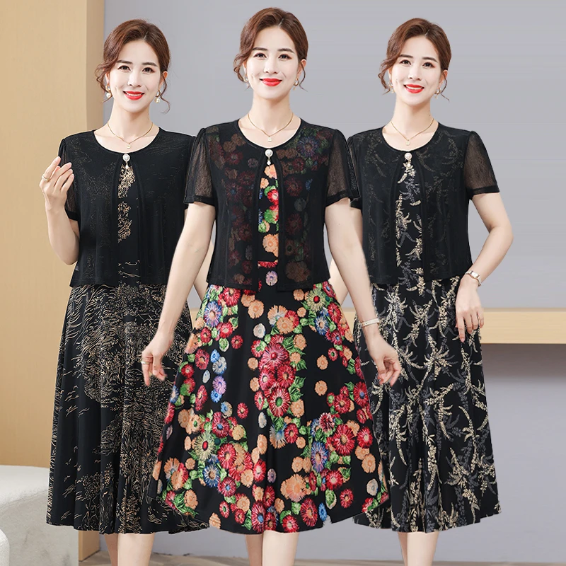 中长款常规口袋薄款中老年女装大码裙子洋气碎花夏装印花显瘦