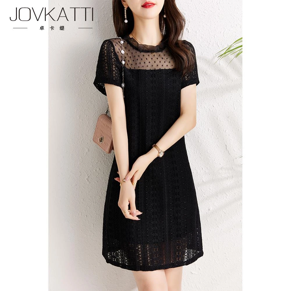 Jovkatti黑色蕾丝连衣裙女夏2025新款遮肚显瘦气质微设计感