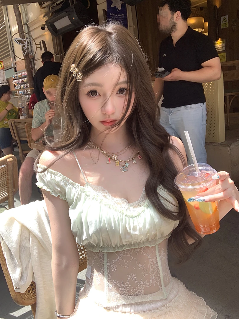 【美人嗔怒】纯欲辣妹性感夏季假两件蕾丝拼接收腰显瘦吊带上衣女