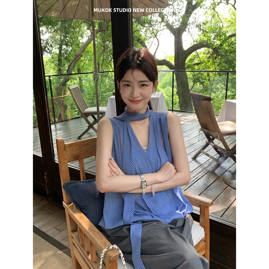 MUKOK“韩气十足”设计感无袖V领波点飘带衬衫宽松薄款复古上衣