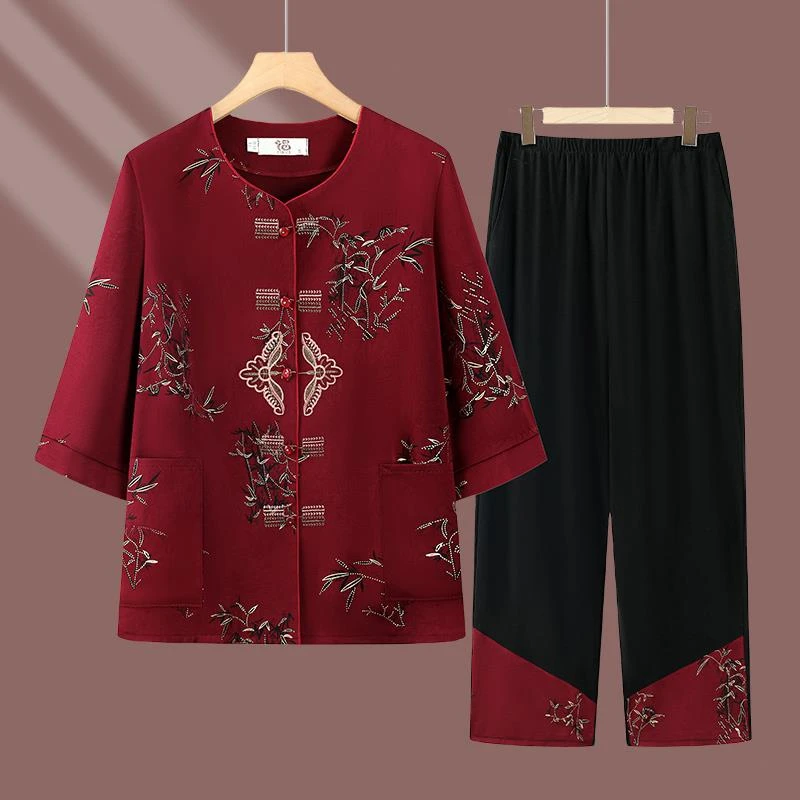 FAVMARTHA奶奶老年人女装2025新款夏季新款套装中式短袖七分袖妈