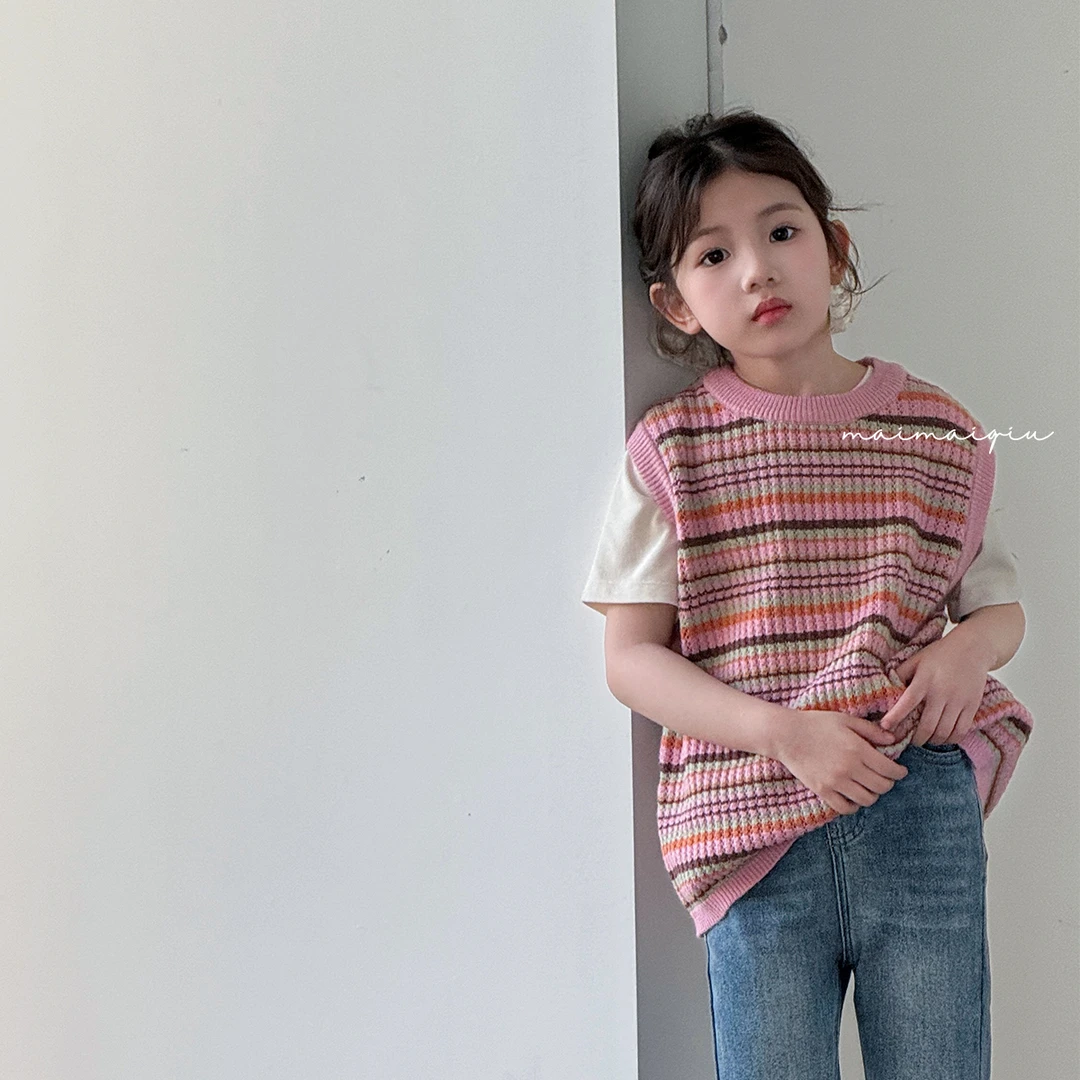 「麦麦秋.MAIMAIQIU」【彩虹艺术家】条纹针织马甲女童春季背心外搭