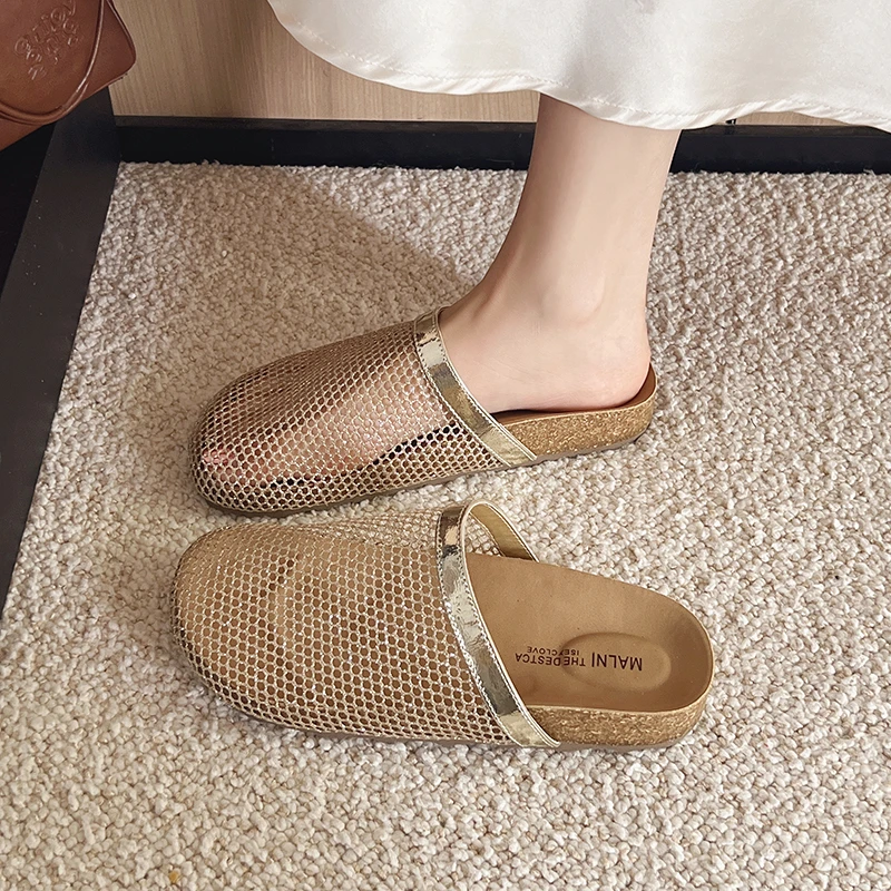 2025夏季新款网面水钻包头半拖鞋外穿平底休闲度假风懒人凉拖