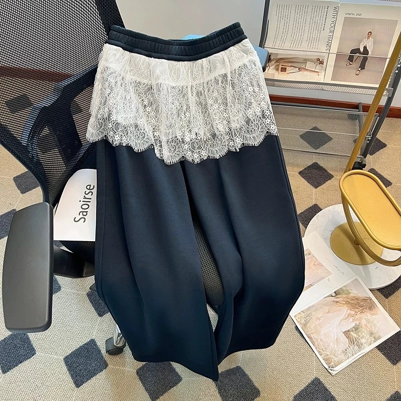 芭蕾风蕾丝花边宽松卫裤女2025 秋新款欧货松紧腰阔腿裤休闲裤潮