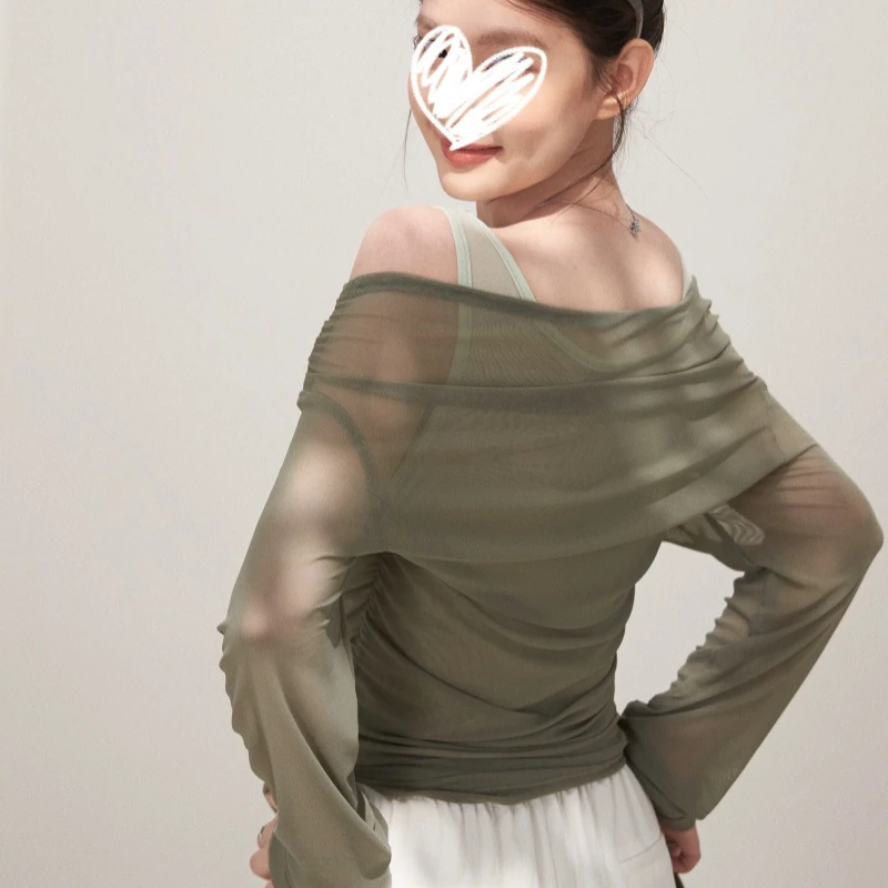 纯欲一字肩假两件网纱拼接T恤女夏季设计感小众温柔甜美长袖上衣