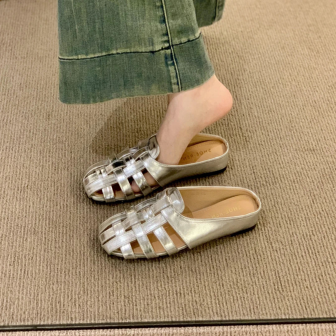 法式！小众银色编织镂空包头半拖鞋女外穿2025夏季新款一脚蹬内增