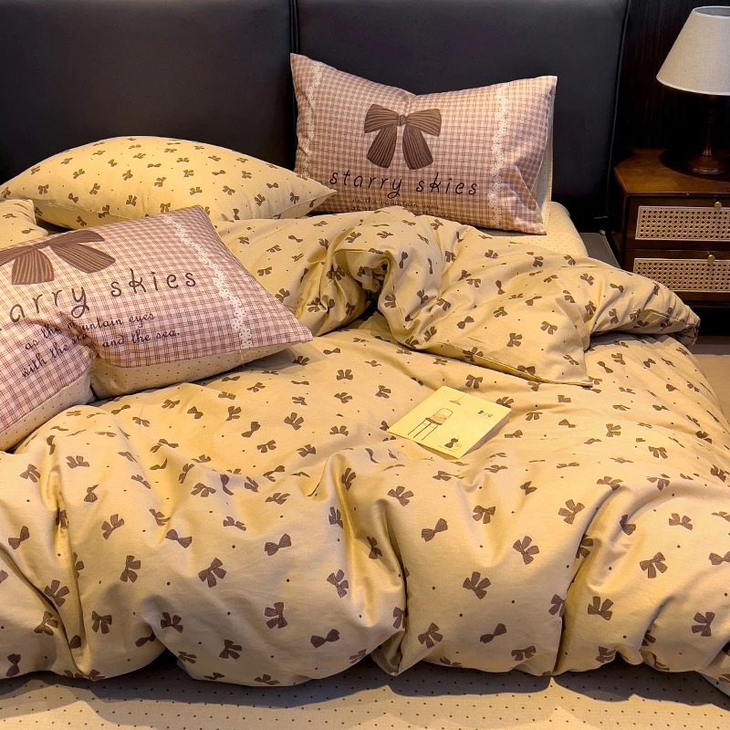 网红四件套纯棉全棉床上三件套宿舍学生卡通蝴蝶结被套床单ins风