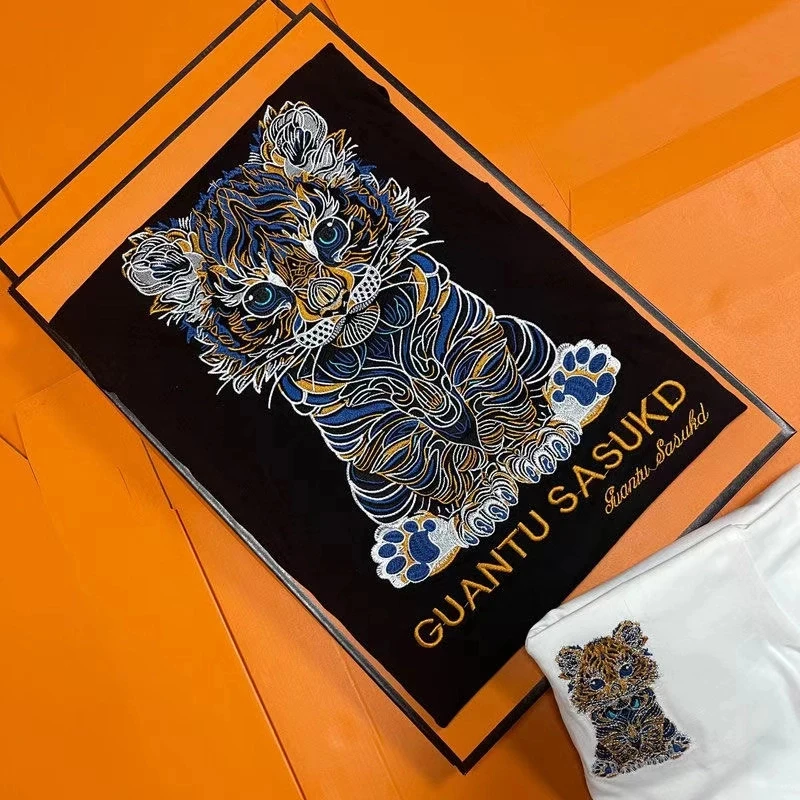 328T重磅幼崽小老虎重工刺绣短袖T恤男女同款