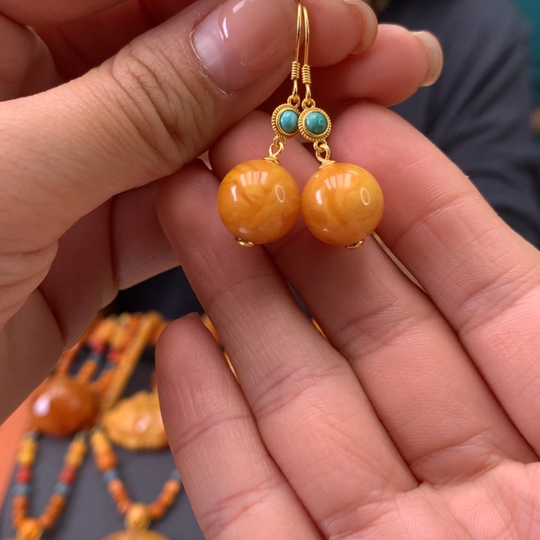 蜜蜡银S925镶嵌耳饰天然