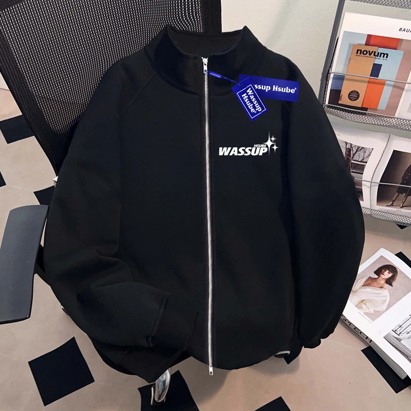 WASSUP HSUBE美式潮流重磅卫衣男士秋冬季潮酷高街开衫立领棒球服