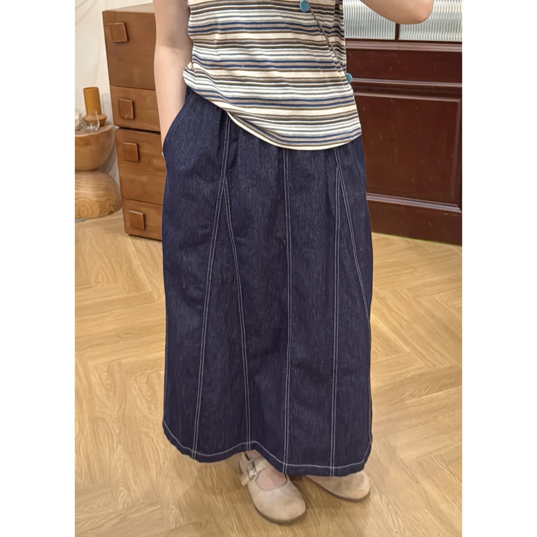 晶咕佳佳【海街线】腰头松紧明线牛仔半身裙气质蓝色复古高