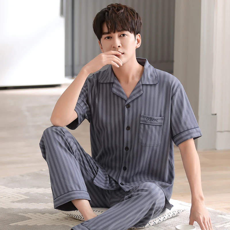 夏季男士短袖睡衣套装加肥加大码长裤开衫家居服夏天青少年可外穿