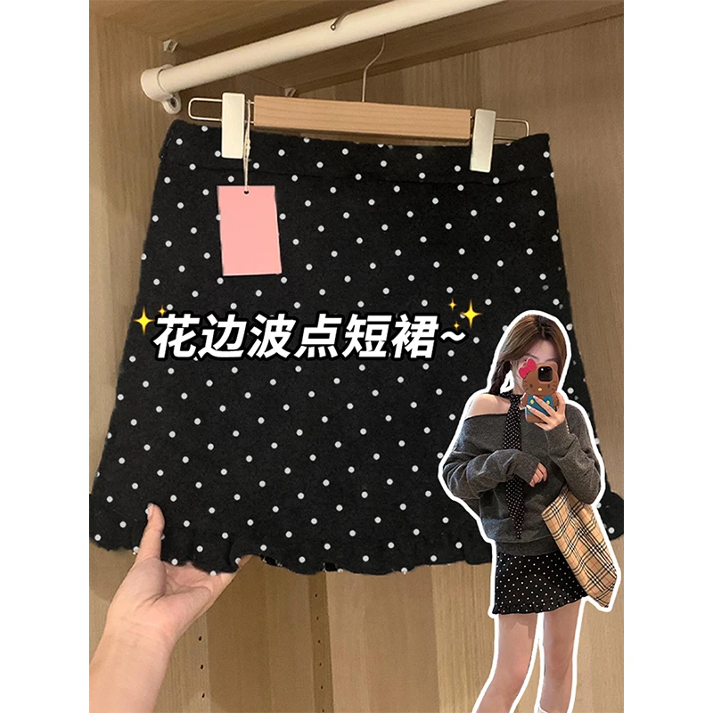 黑色法式波点裙a字半身裙女2025夏季波点花边包臀裙不规则半身裙