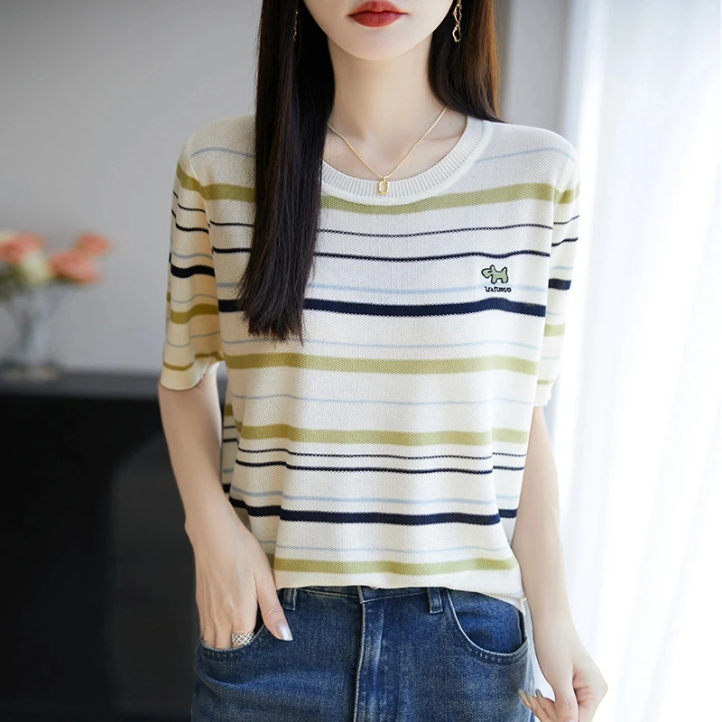 夏季莱赛尔针织条纹短袖t恤女2025新款时尚减龄女装薄款舒适上衣