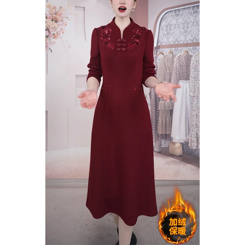 秋冬加绒加厚改良旗袍红色妈妈连衣裙女时尚气质显瘦轻奢中式裙子