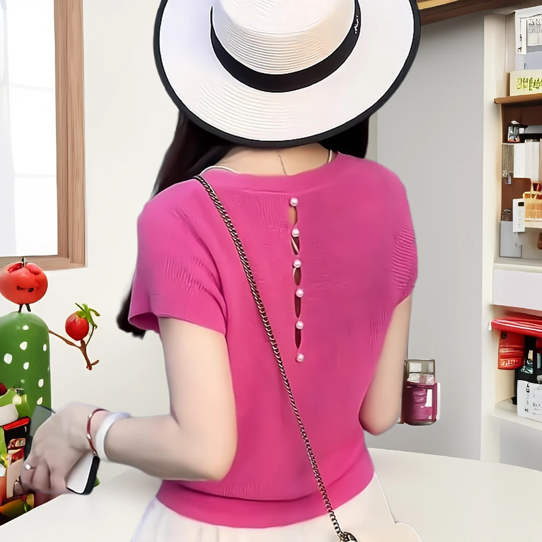 夏季冰丝针织衫女薄款2025新款小众设计感百搭配短袖毛衣女秋冬