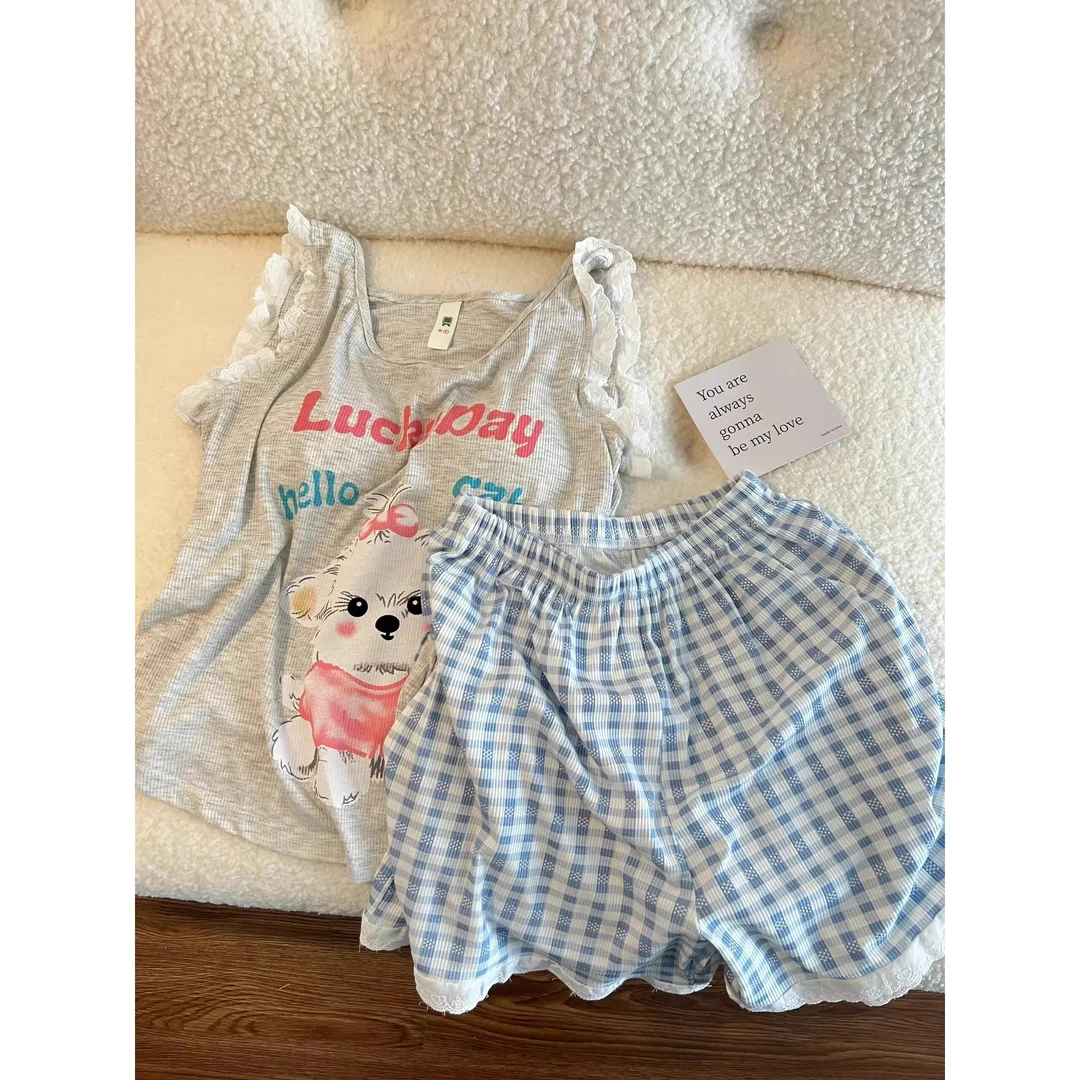 甜美花边带胸垫睡衣女士夏季新款小狗印花背心格纹短裤家居服套装