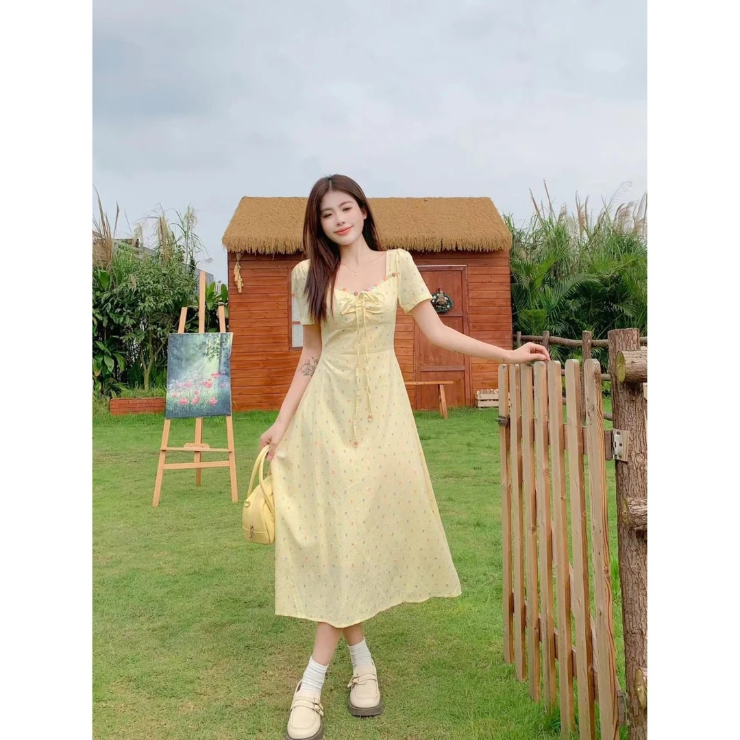 【有内里】法式短袖连衣裙女装夏季胖MM显瘦碎花裙梨形身材温柔裙