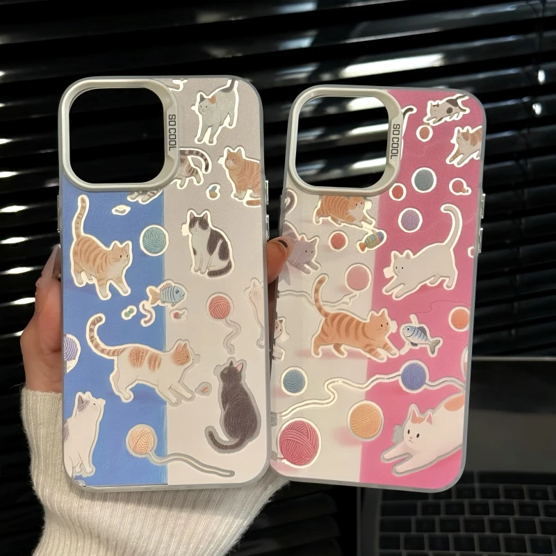 适用苹果16pro创意iPhone15手机壳磨砂彩银华为p黄粉拼接涂鸦猫咪