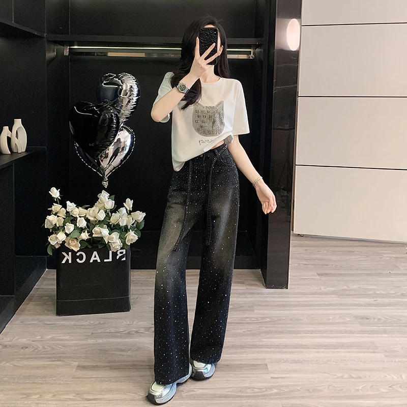 2025新款白色猫咪短袖t恤女设计感复古高腰烫钻阔腿牛仔裤套装潮