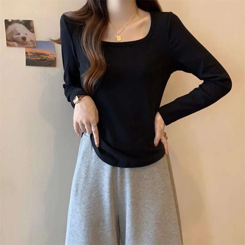 方领长袖纯色T恤女秋冬磨毛“加绒”打底上衣秋季百搭长袖打底