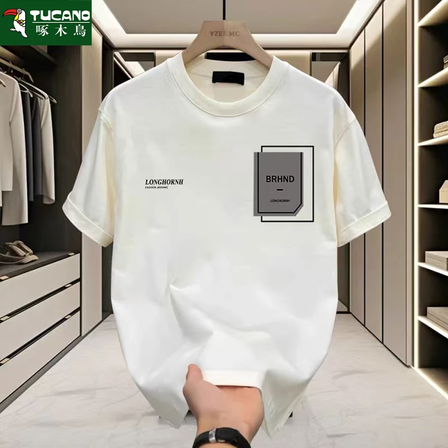 啄木鸟重磅纯棉短袖t恤男士夏季韩版宽松潮流休闲时尚印花圆领T恤