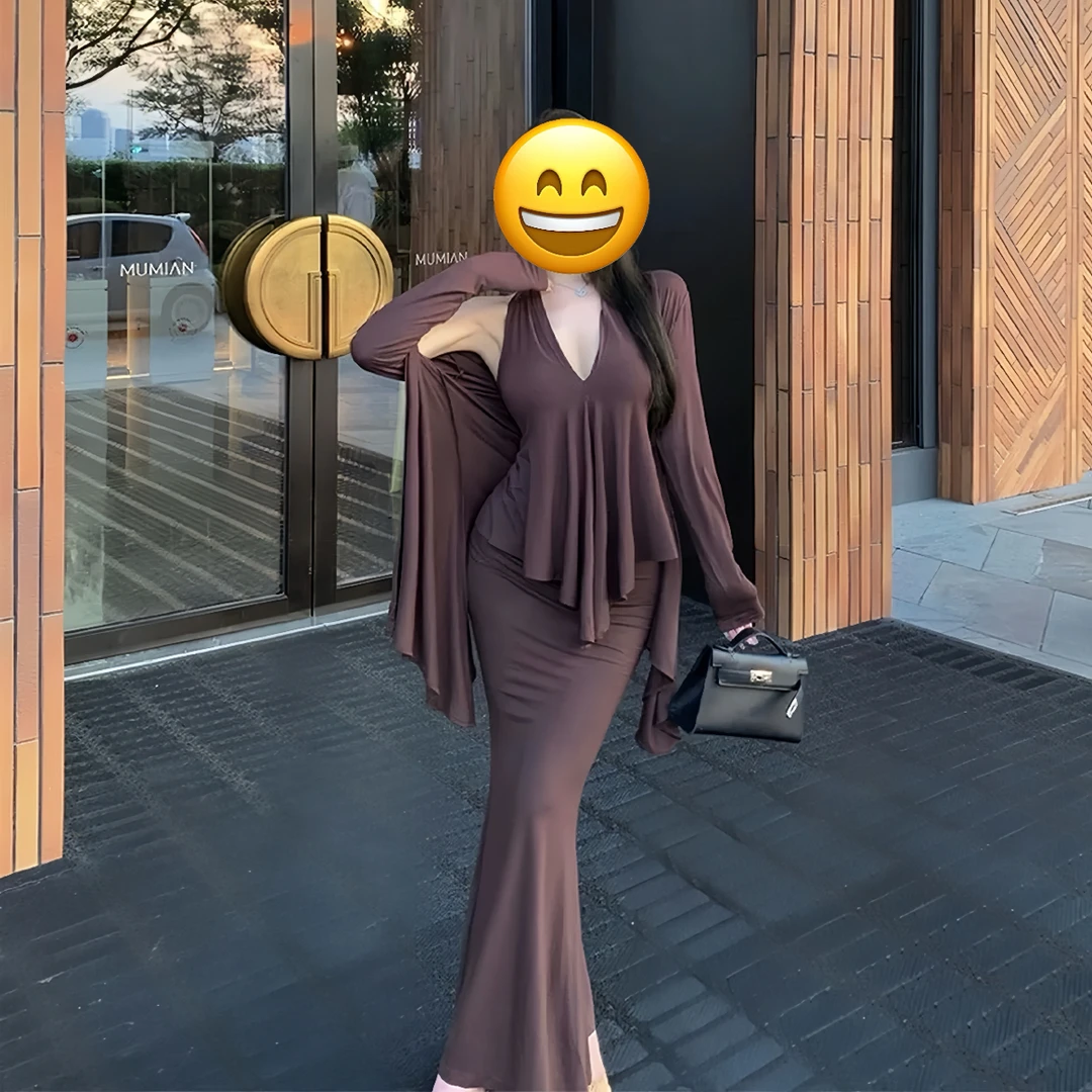 大码小妈风纯欲性感长袖开衫挂脖吊带包臀鱼尾长裙三件套气质修身