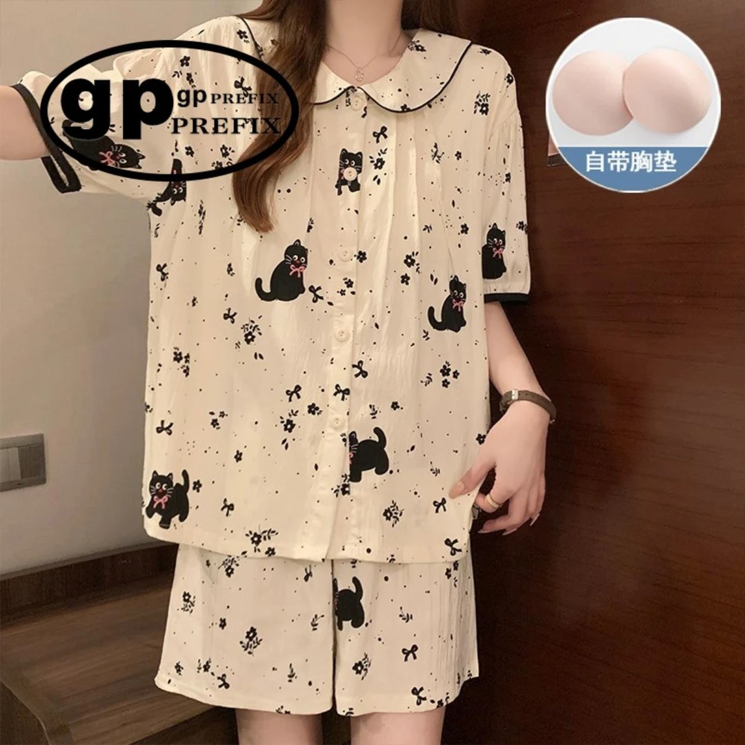 日系小众GP睡衣女夏季纯棉带胸垫卡通短袖短裤少女大码家居服套装