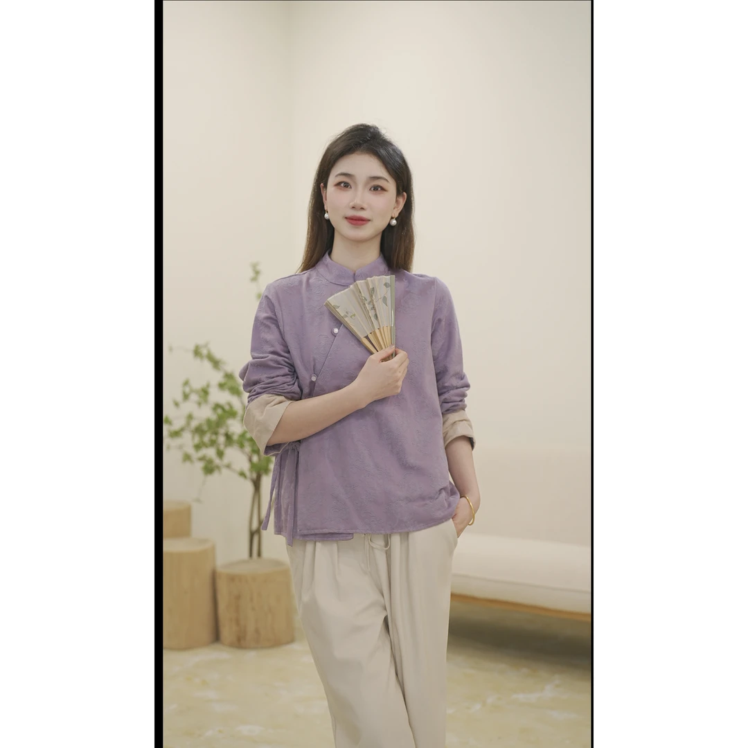 民族风复古提花立领衬衫女秋季斜襟盘扣上衣宽松百搭禅意茶服