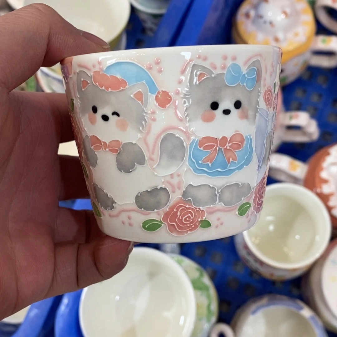 瓷片玫瑰花小猫手握杯