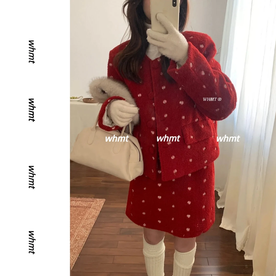 WHMT【圣诞限定】韩系刺绣羽绒短裙套装红色系穿搭入冬漂亮衣服