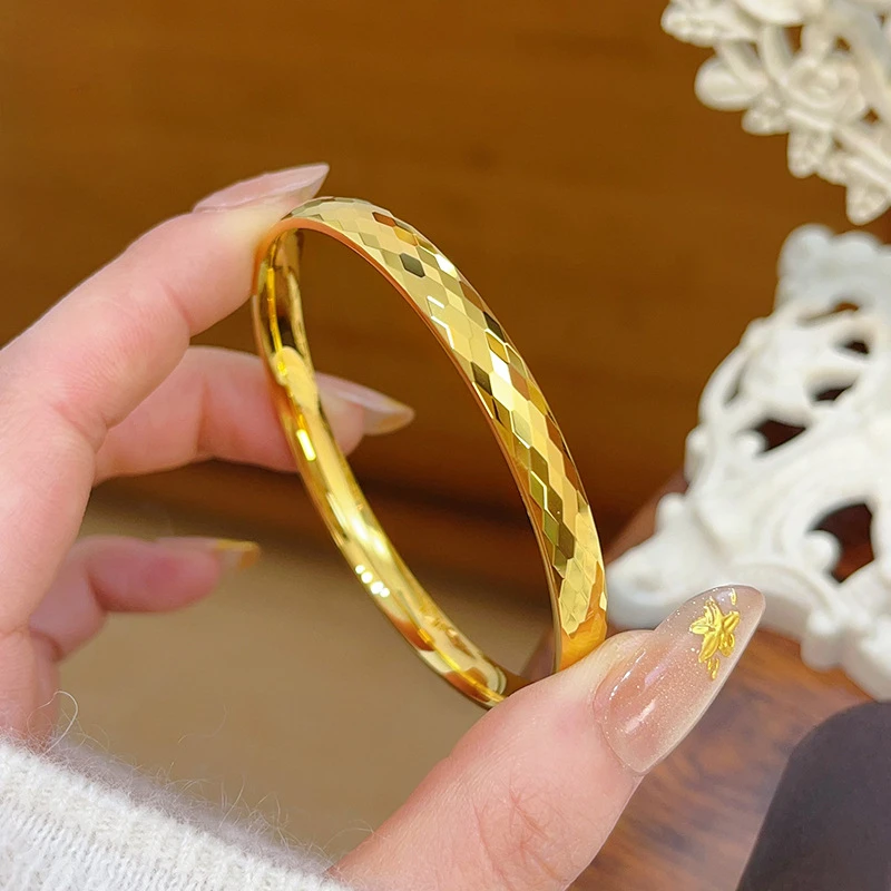 铜合金手镯 新款古法菱形格纹素圈女款手镯亮面实心镯子高级感送