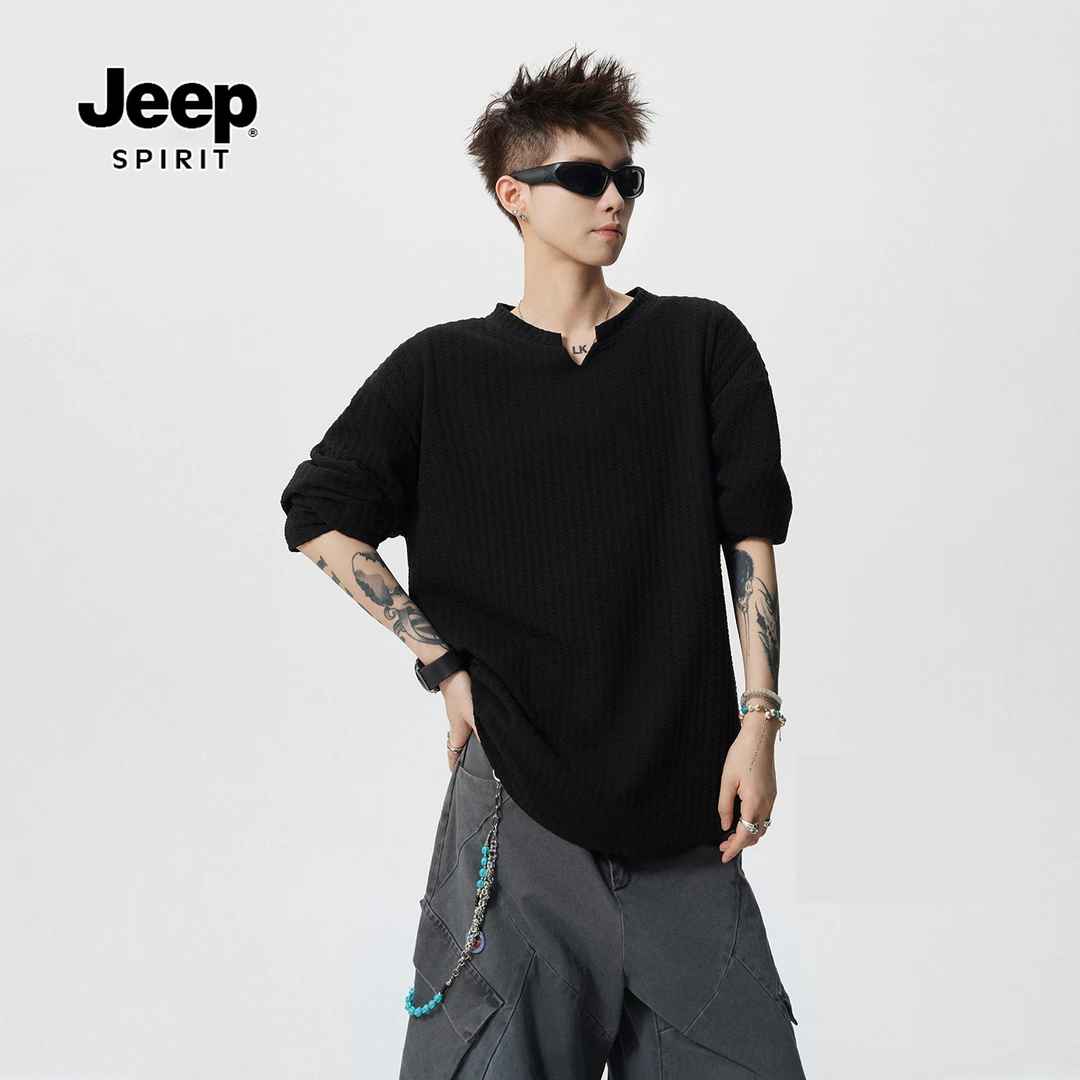 JEEPSPIRIT美式肌理感提花小V领长袖男春秋claft内搭痞帅休闲上衣