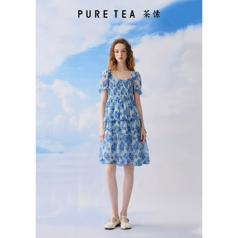 【黯夜蓝玫瑰】空气感泡泡袖A型玫瑰雪纺印花连衣裙KD1802D21