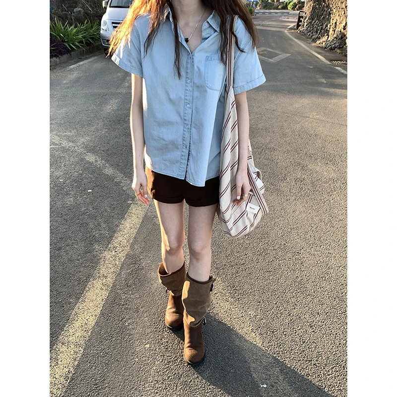 法式高级感洋气气质宽松休闲百搭短袖polo领夏季牛仔衬衫上衣女潮