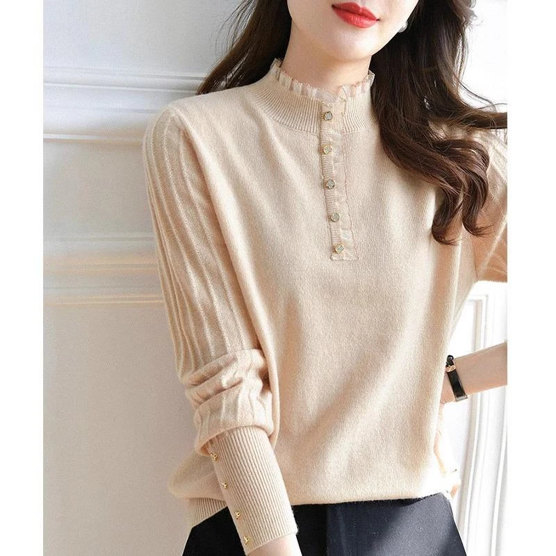 杜拉妮时尚蕾丝边针织衫毛衣女2025秋冬新款休闲百搭长袖打底衫上