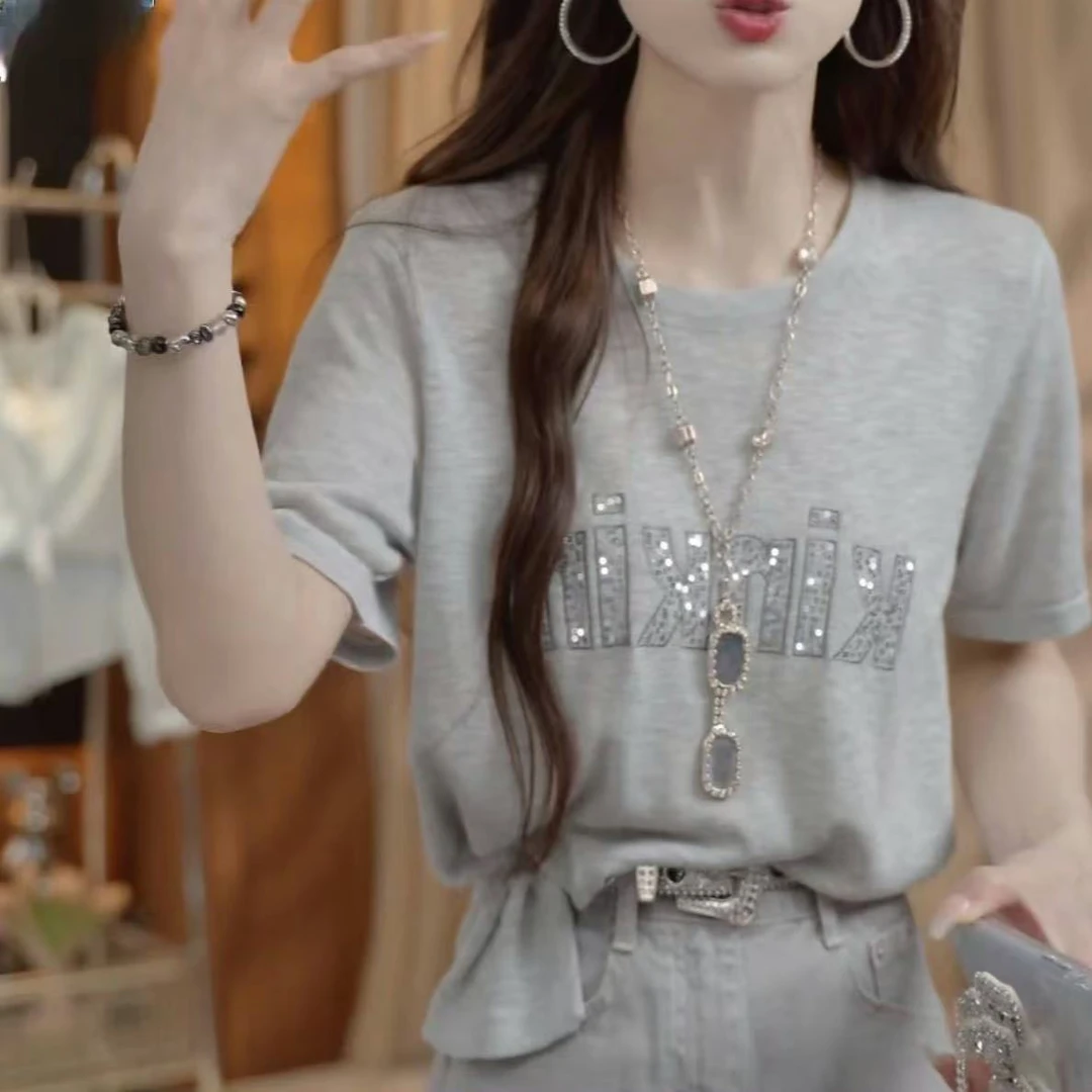设计感亮片字母休闲短袖T恤女2025夏季新款小众时尚轻奢显瘦上衣