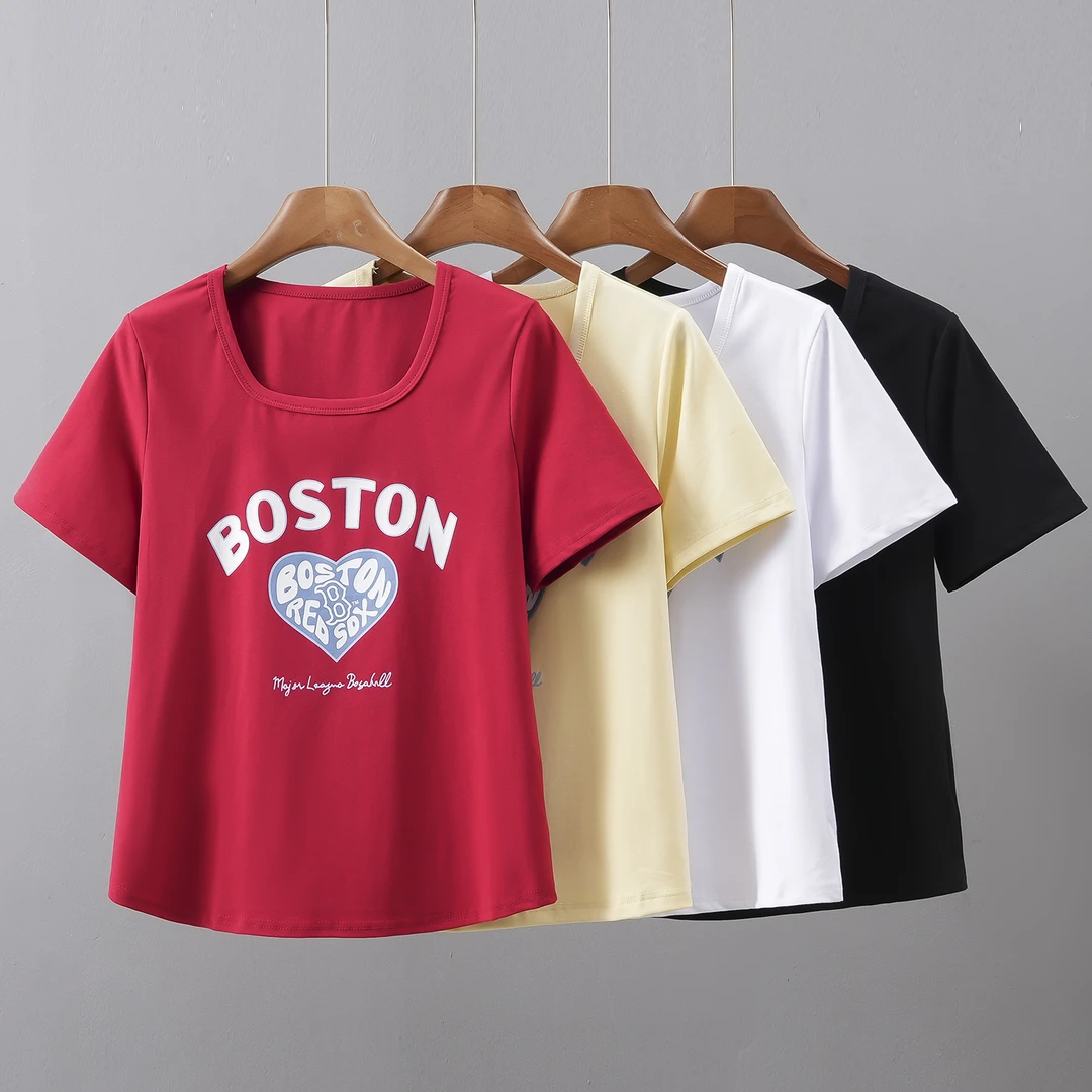 2025新款胖mm短袖印花夏季大码女弹力印花T恤打底休闲风法式上衣