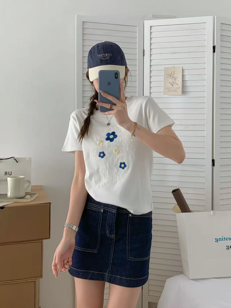 0439【夏季新款】蕾丝贴布绣蓝花韩系百搭圆领T恤（5073）