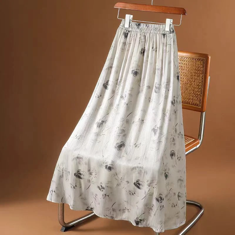 新款黑色印花A字中长款气质飘逸显瘦半身裙C092