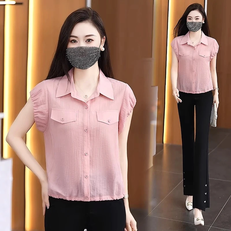 拉夏贝尔时尚短袖衬衫女2025夏季新款宽松显瘦百搭洋气质衬衣上衣