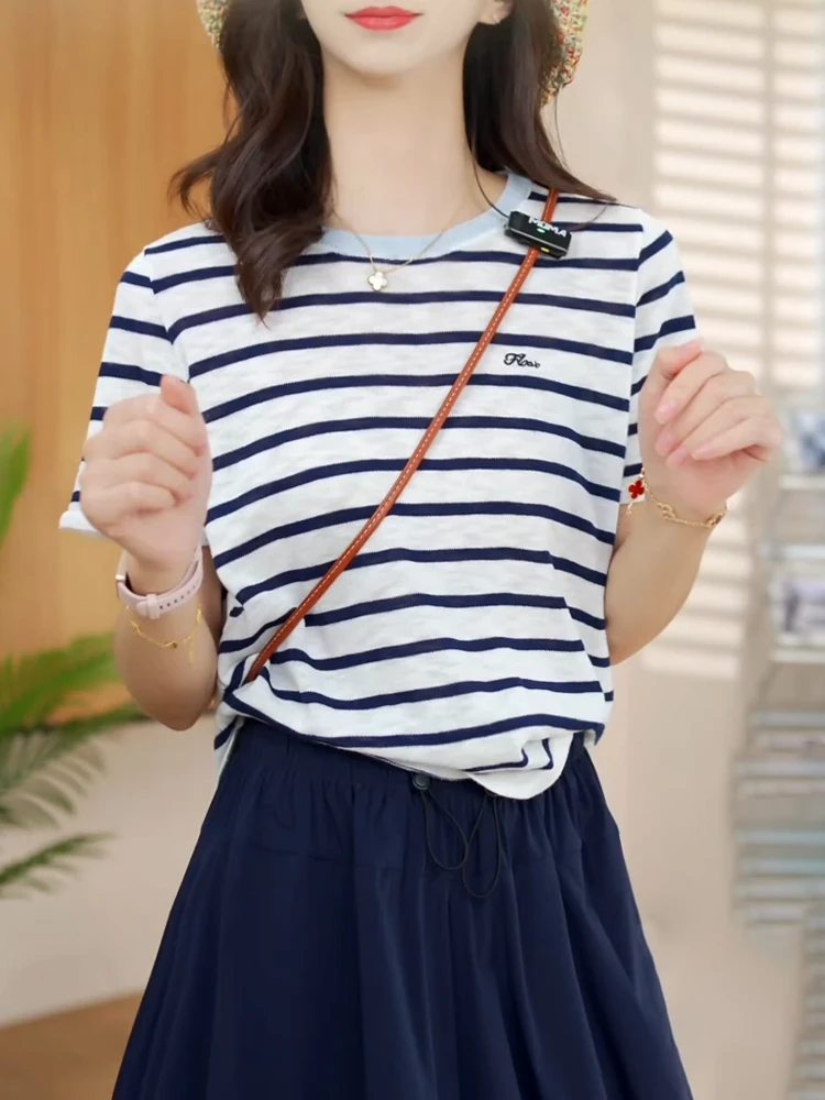 【大码】KHY1002-2大码胖MM拼色条纹刺绣圆领短袖t恤女夏宽松百搭