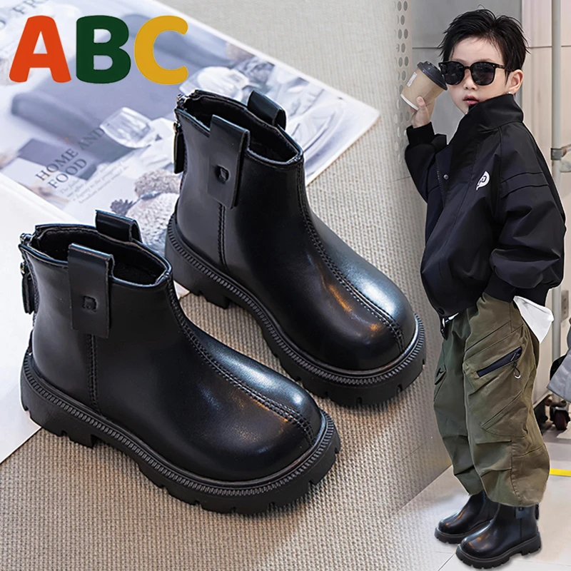 ABC男童马丁靴2025秋冬新款儿童时尚短靴中大童黑色加绒靴子女孩
