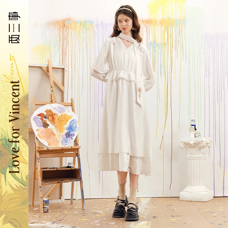 两三事梵高文艺宴请时光绣花领带镂空连衣裙