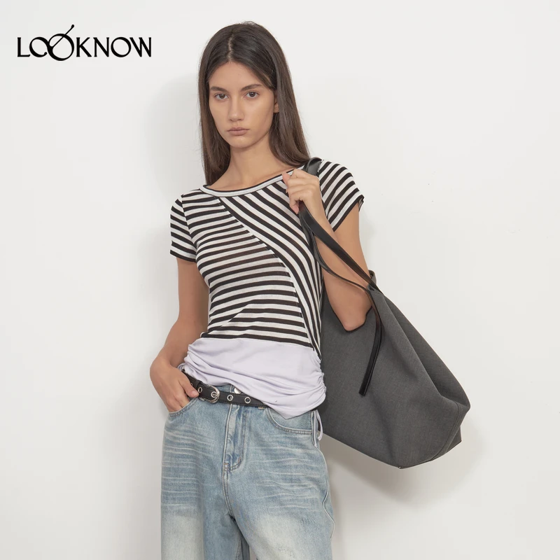 madeinormal设计师品牌LOOKNOW2025年春季新款斜纹撞色抽褶短袖