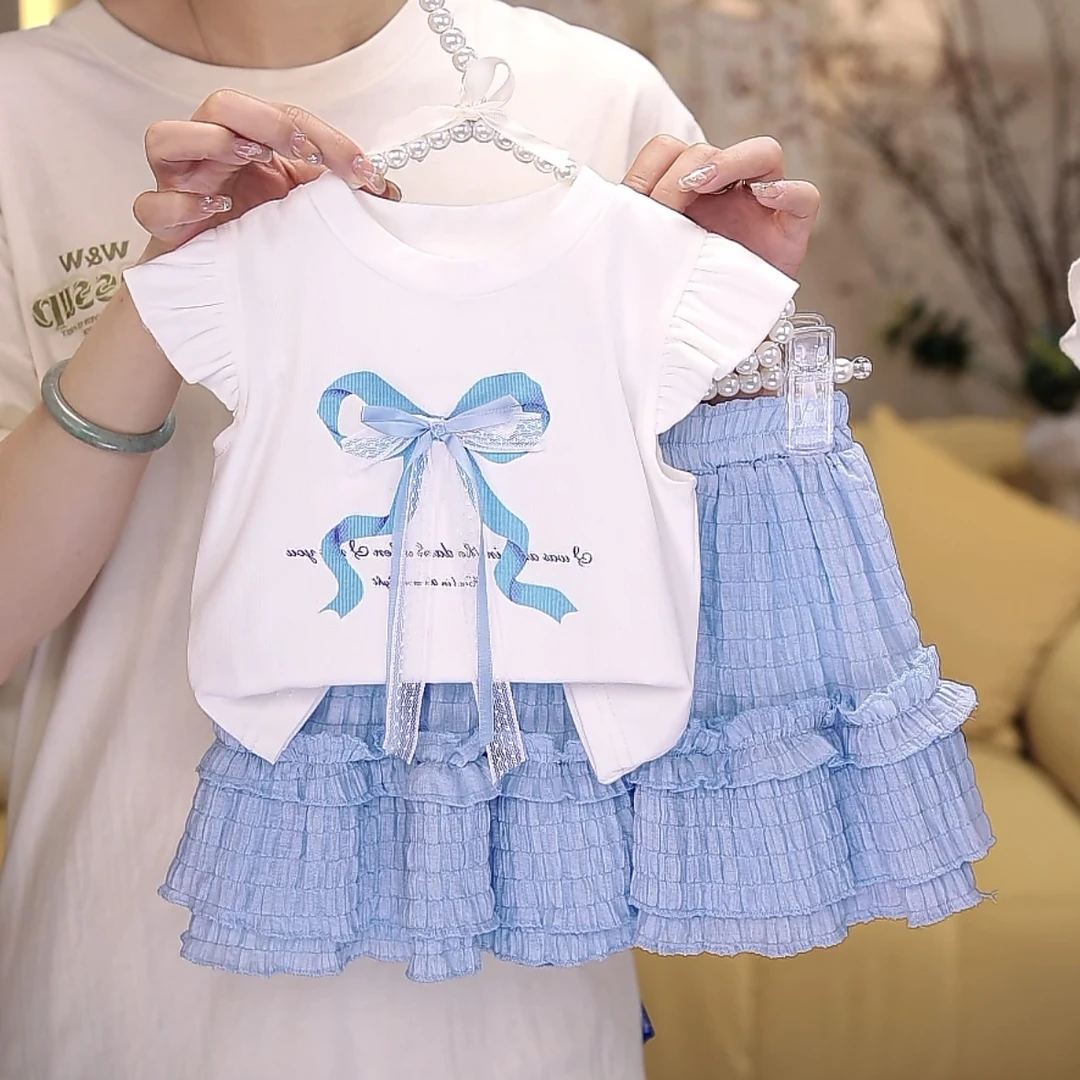女宝宝蝴蝶结短袖套装2025夏季新款小女孩夏装女小童韩版两件套潮