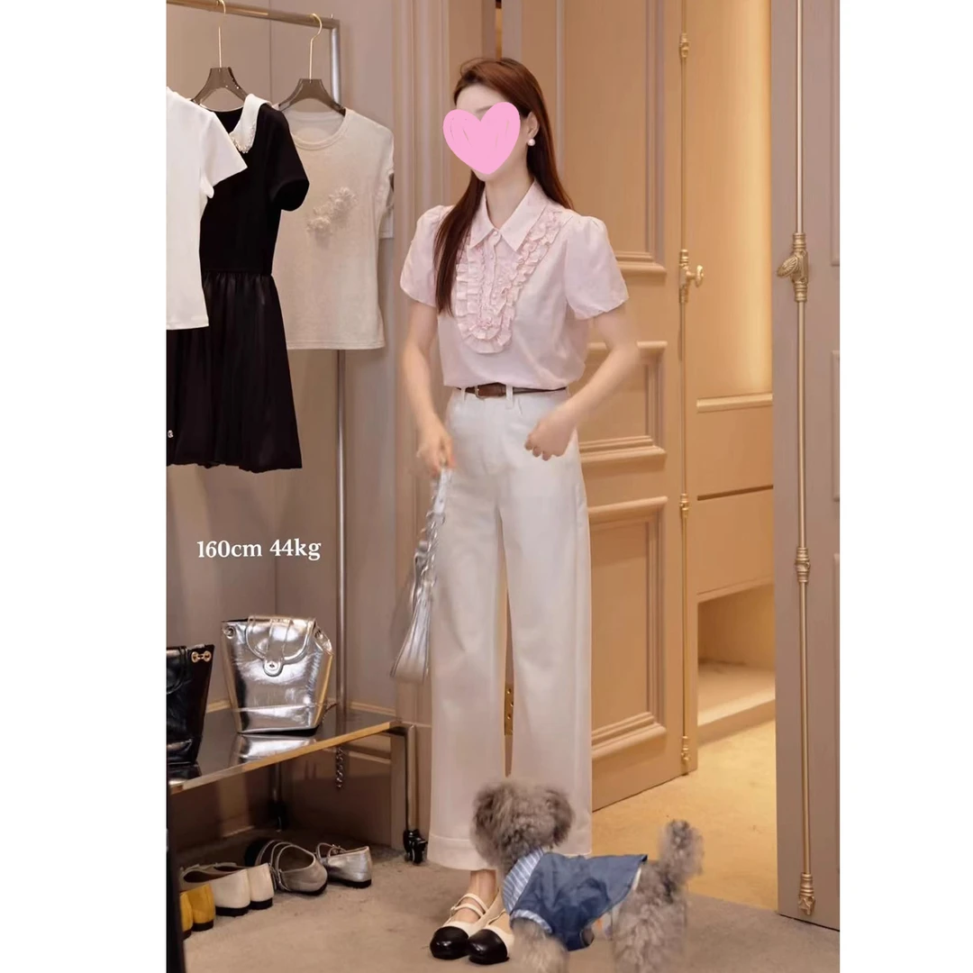 鸥小柒同款女装高腰直筒白色九分牛仔裤女夏季款简约百搭白色裤子